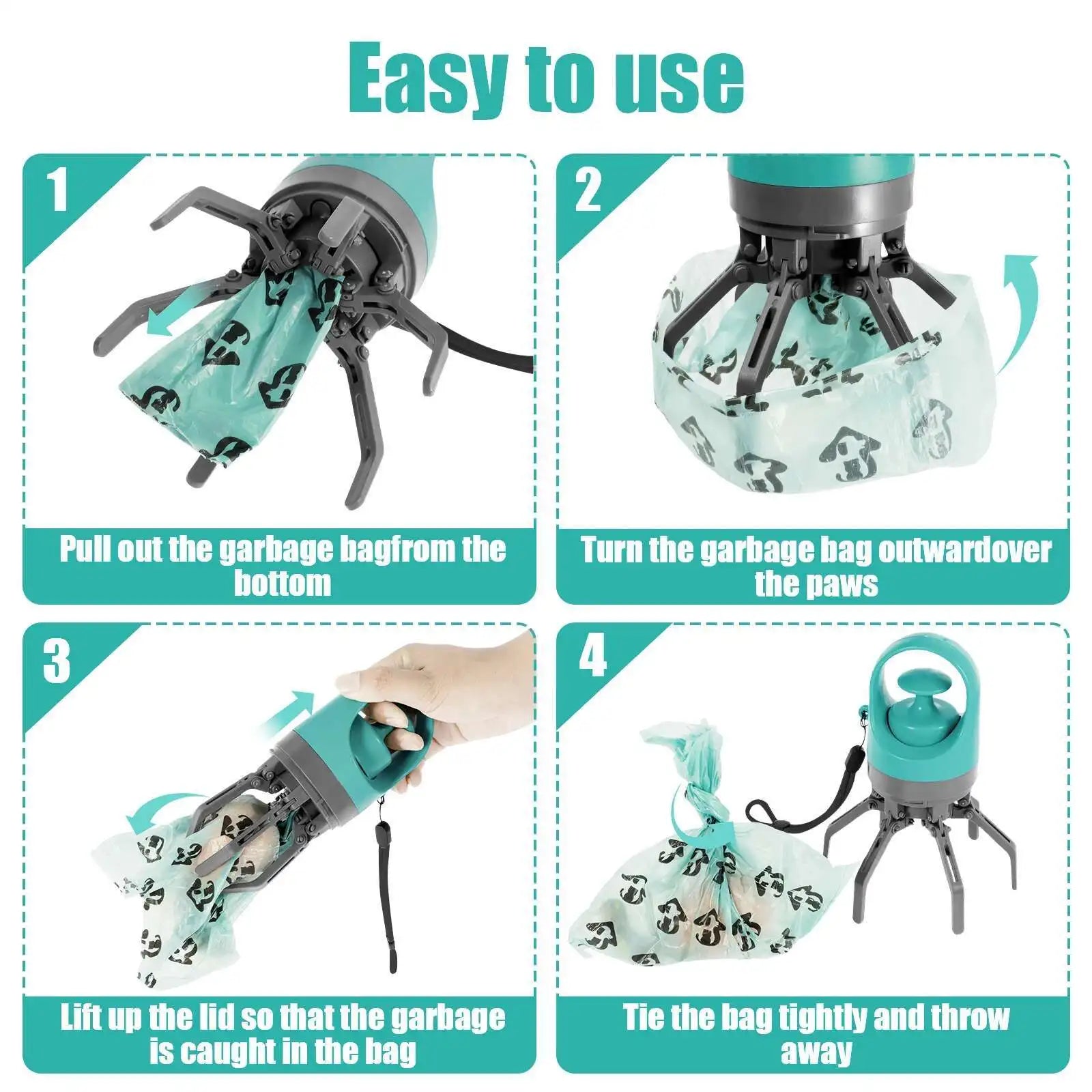 Portable Dog Pooper Scooper Outdoor Pet Waste Pick-Up Cleaner Built-In Garbage Bag Handheld Pet Poop Grabber No Touch Design